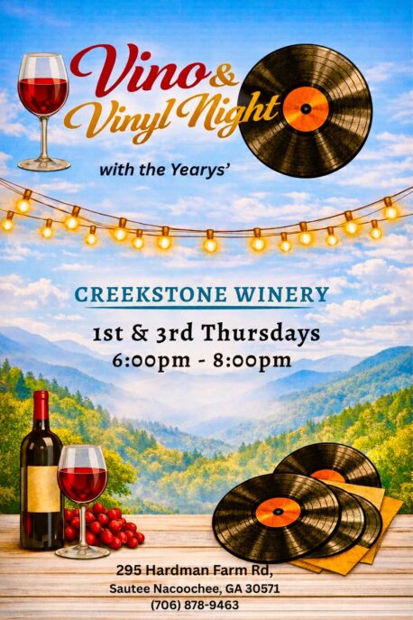 Vino & Vinyl Night Every first and third Thursday of the month of 2026 from 6-8 PM At Creekstone Winery