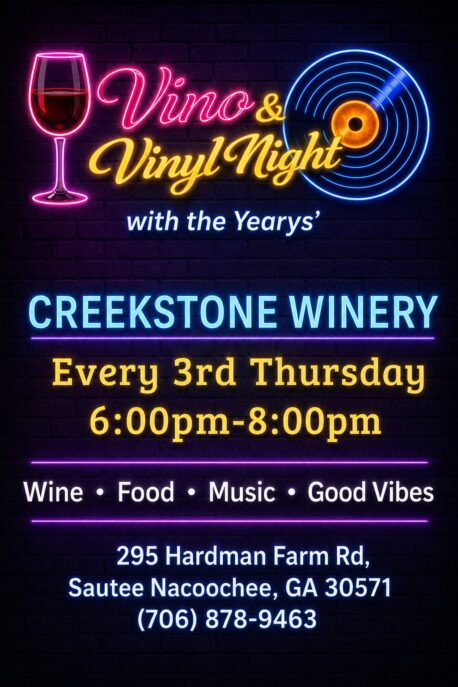 Vino and Vinyl at Creekstone Winery every 3rd Thursday from 6to9PM Vino and Vinyl at Creekstone Winery every 3rd Thursday from 6to9PM